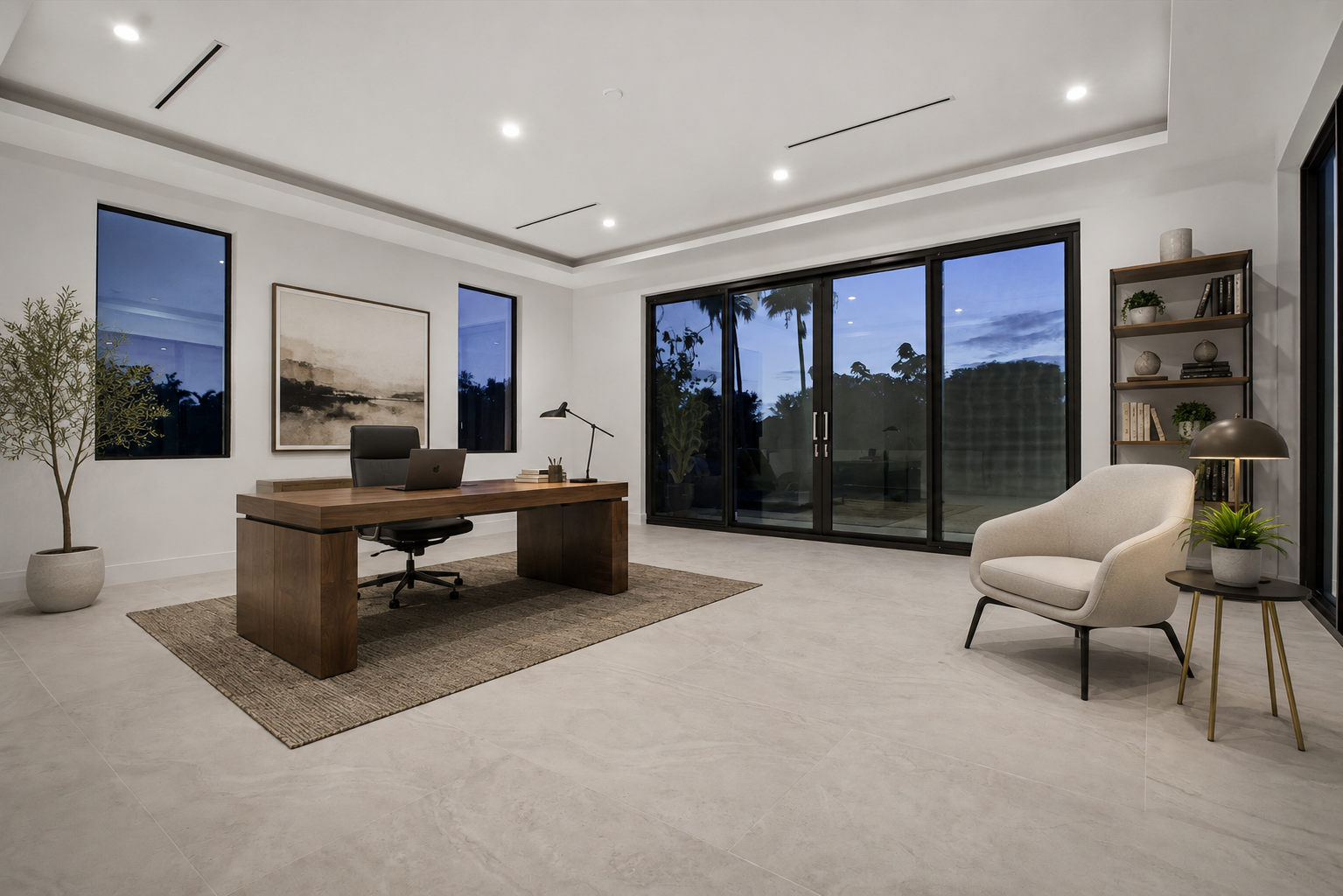 Elegant home office with natural light and custom built-ins inside a luxury home in Weston Florida