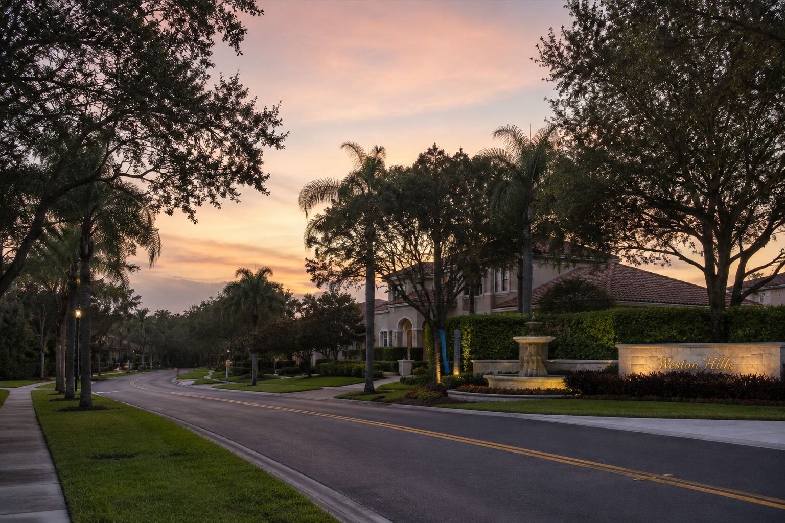 Tree-lined street in a luxury gated community in Weston FL with large estate homes at dusk
