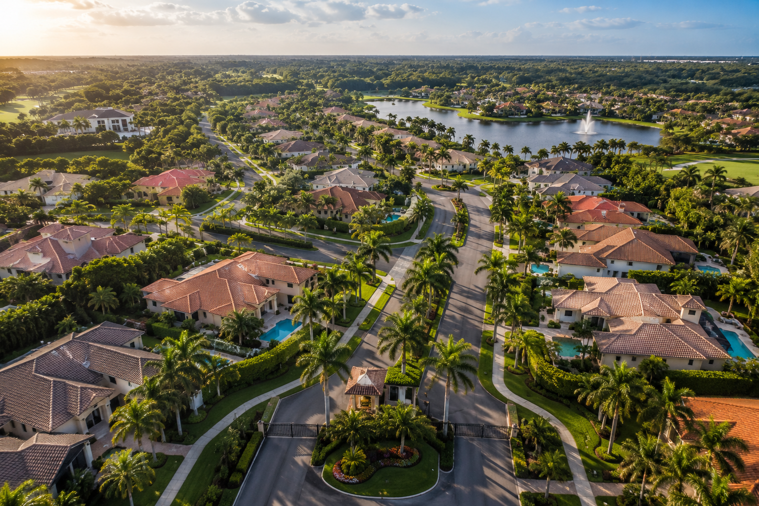 Aerial view of a luxury gated community in Weston Florida