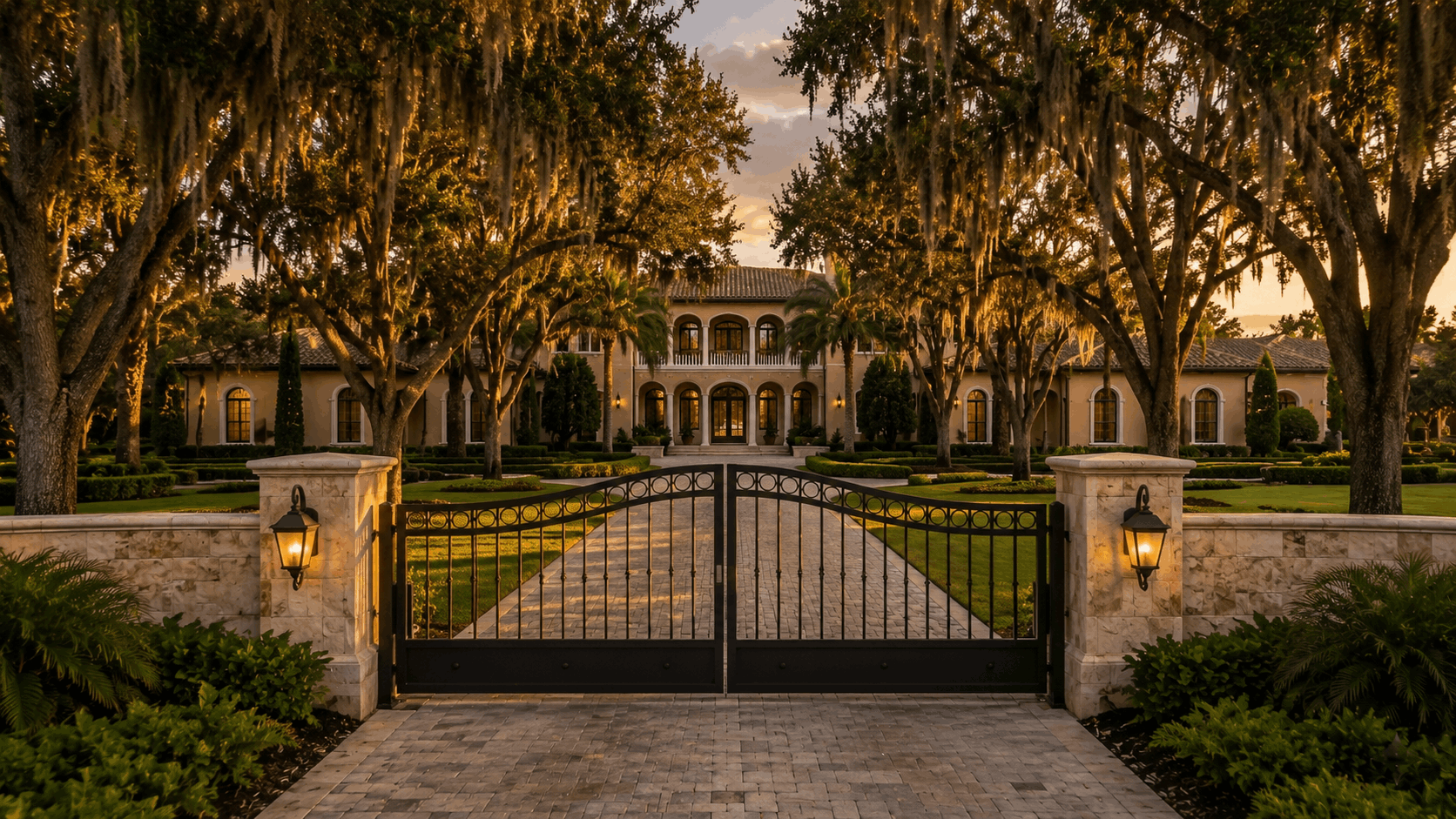 A gated estate driveway in Southwest Ranches FL during a quiet afternoon, representing extended days on market.