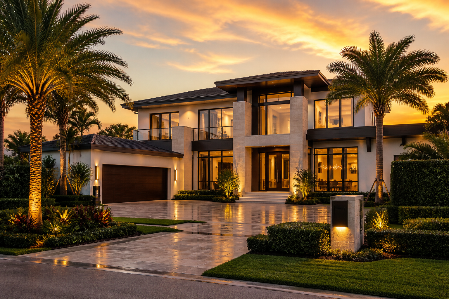 Luxury modern home exterior in Weston Florida at sunset with palm trees and elegant landscaping