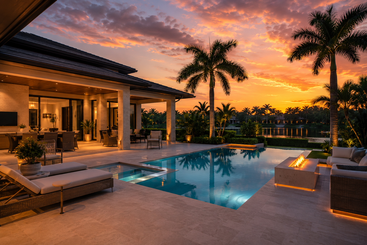 Luxury backyard pool and outdoor living space in Weston Florida during sunset with elegant South Florida lifestyle design