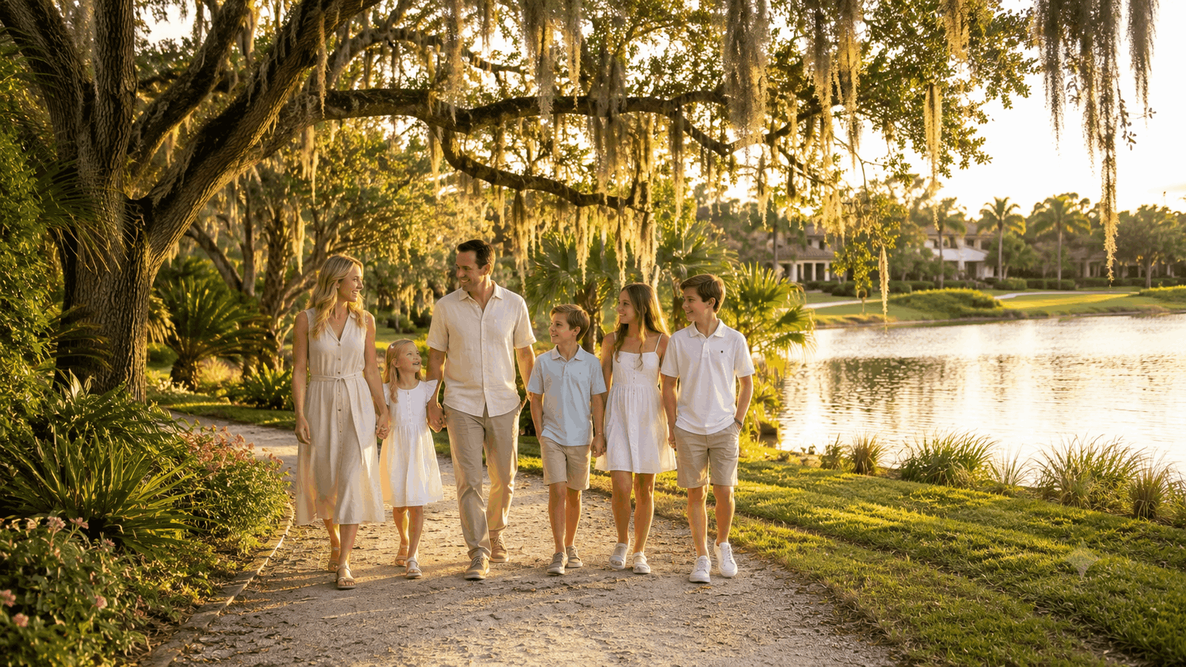 A family walking a tree-lined trail or sitting near a community lake in Weston. Natural light. Casual luxury. Not posed stock photo.