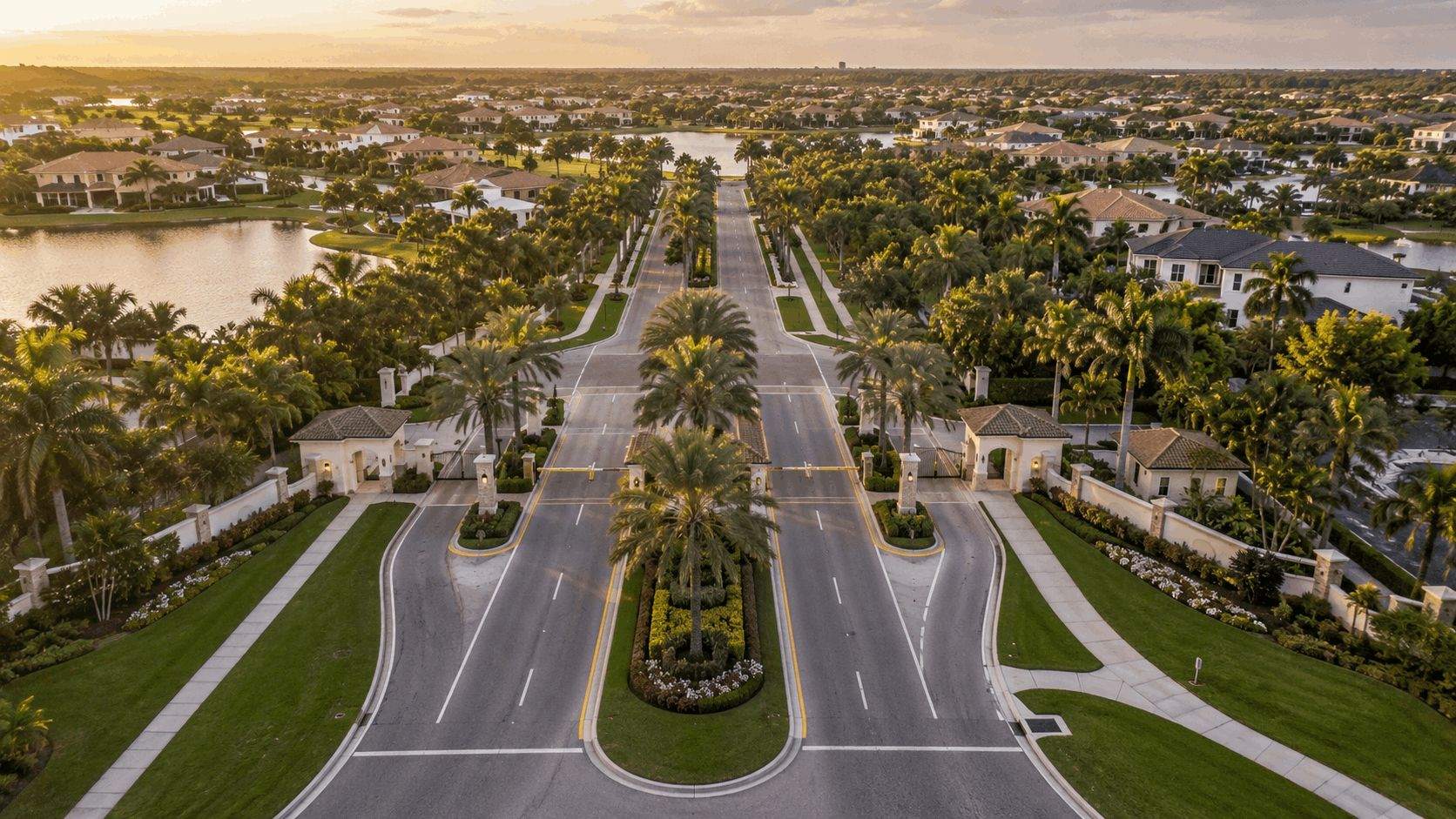 Luxury gated community entrance in Weston FL at golden hour, palm-lined boulevard
