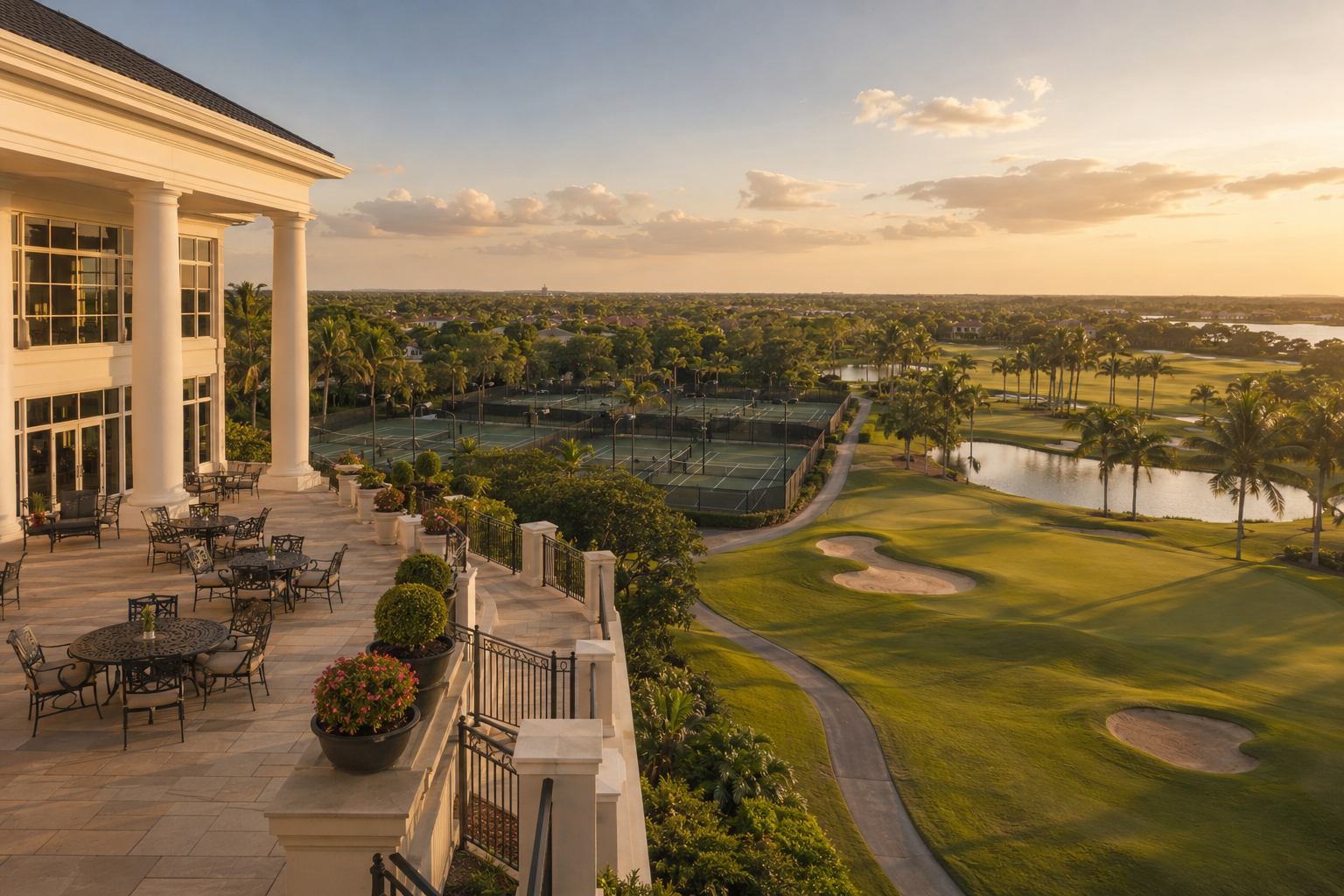 The Club at Weston Hills clubhouse terrace overlooking the golf course