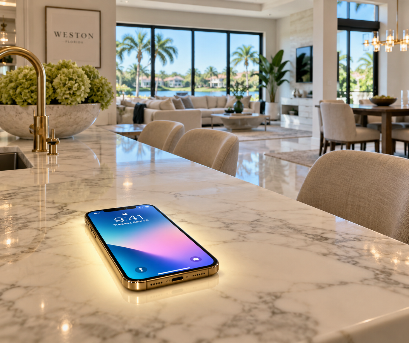 Smartphone showing a home value search glowing on a marble kitchen island in a Weston FL luxury home.