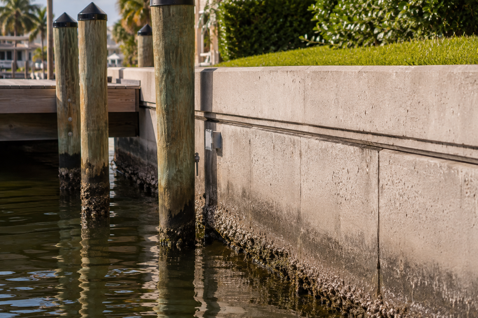 Seawall and dock pilings on a Weston Florida waterfront property before purchase