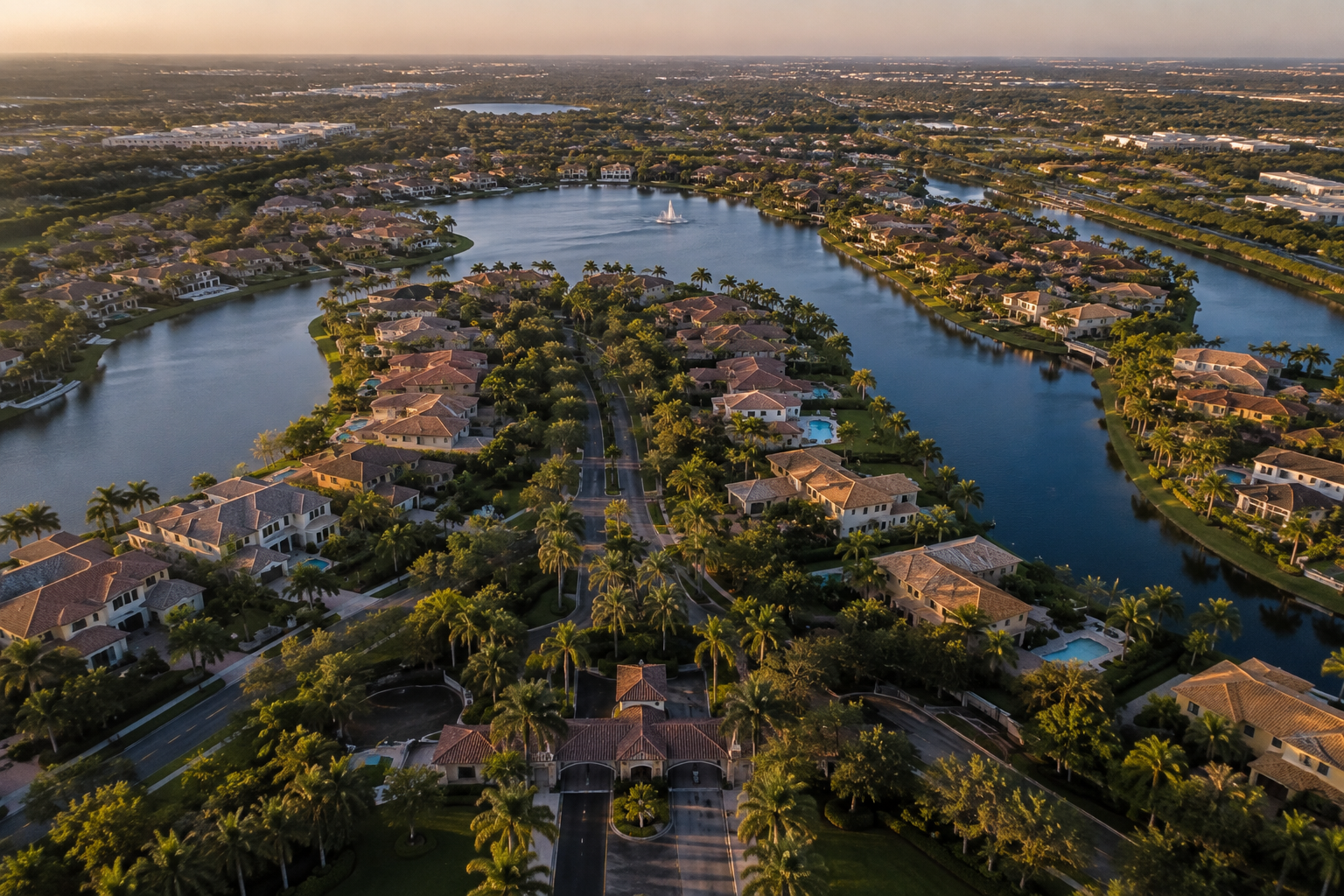 Aerial drone view of a gated Weston community wrapped around a lake, showing water frontage density