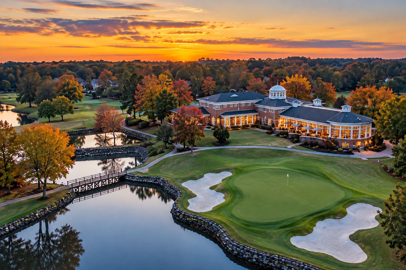 AI-generated architectural illustration inspired by River Run Country Club in Davidson, NC. Not an actual photograph.