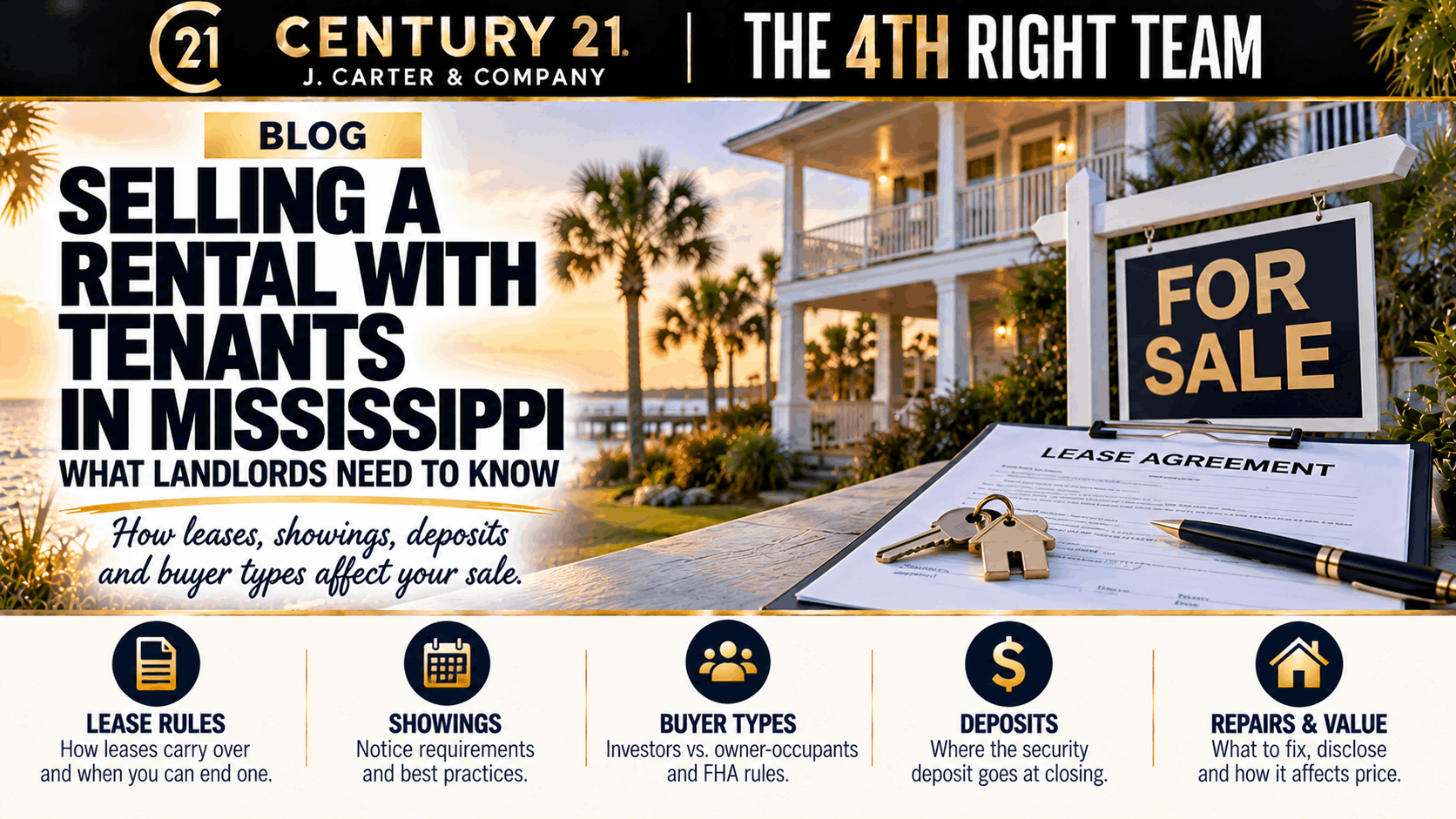 CENTURY 21 J. Carter & Company and The 4th Right Team branded blog graphic featuring a Mississippi Gulf Coast rental home with a For Sale sign, lease agreement, and house keys. Explains selling a tenant-occupied rental property in Mississippi, including lease agreements, tenant showing notices, investor versus owner-occupant buyers, security deposits, repairs, and property value.