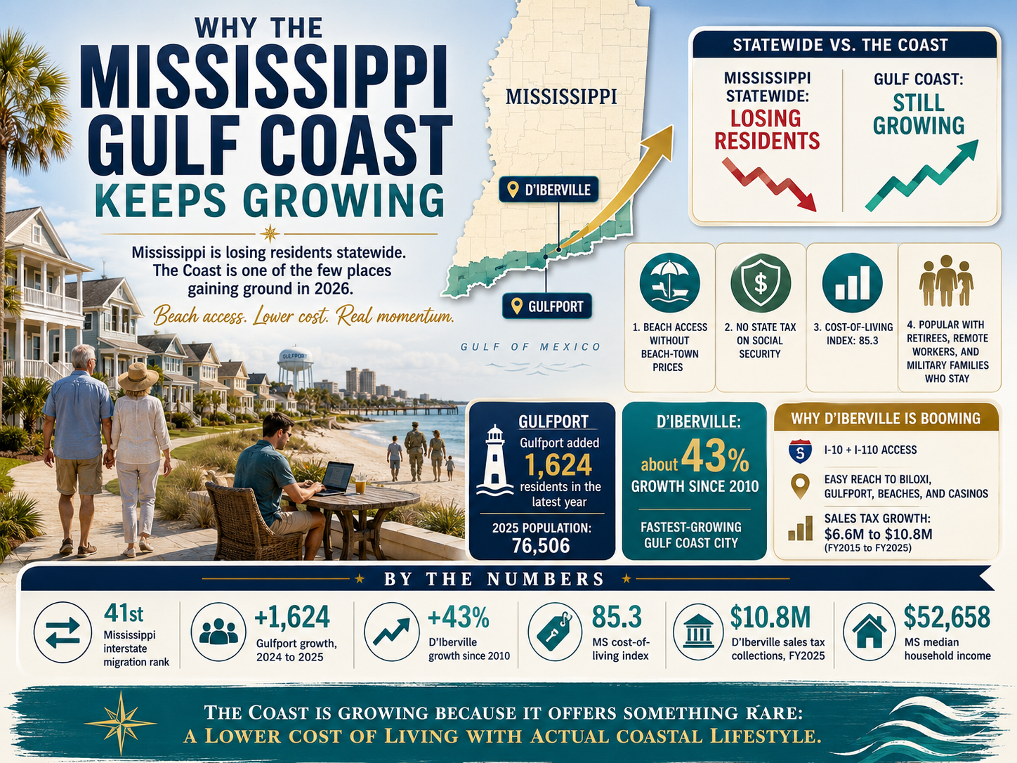Why the Mississippi Gulf Coast keeps growing, comparing statewide population decline with continued growth along the Coast and highlighting communities such as D’Iberville.