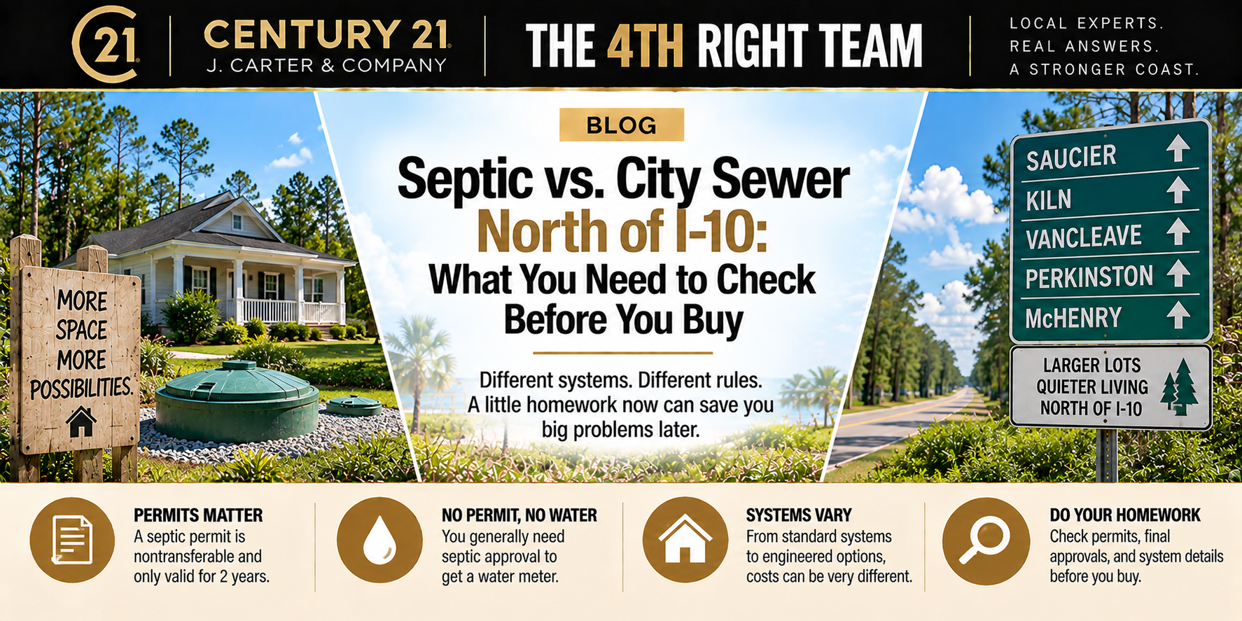 Septic vs. city sewer north of I-10 on the Mississippi Gulf Coast, covering what homebuyers should check before purchasing in areas like Saucier, Kiln, Vancleave, Perkinston, and McHenry.
