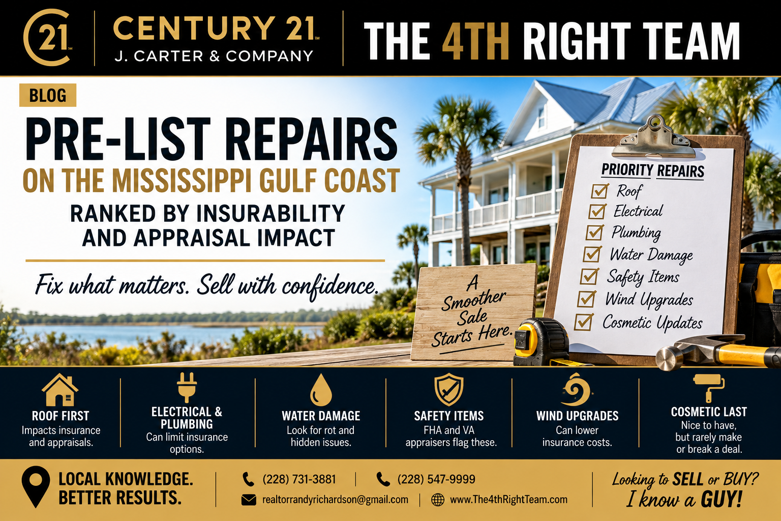 Pre-list repairs on the Mississippi Gulf Coast, ranked by insurability and appraisal impact, including roof, electrical, plumbing, and water damage issues sellers should address before listing.