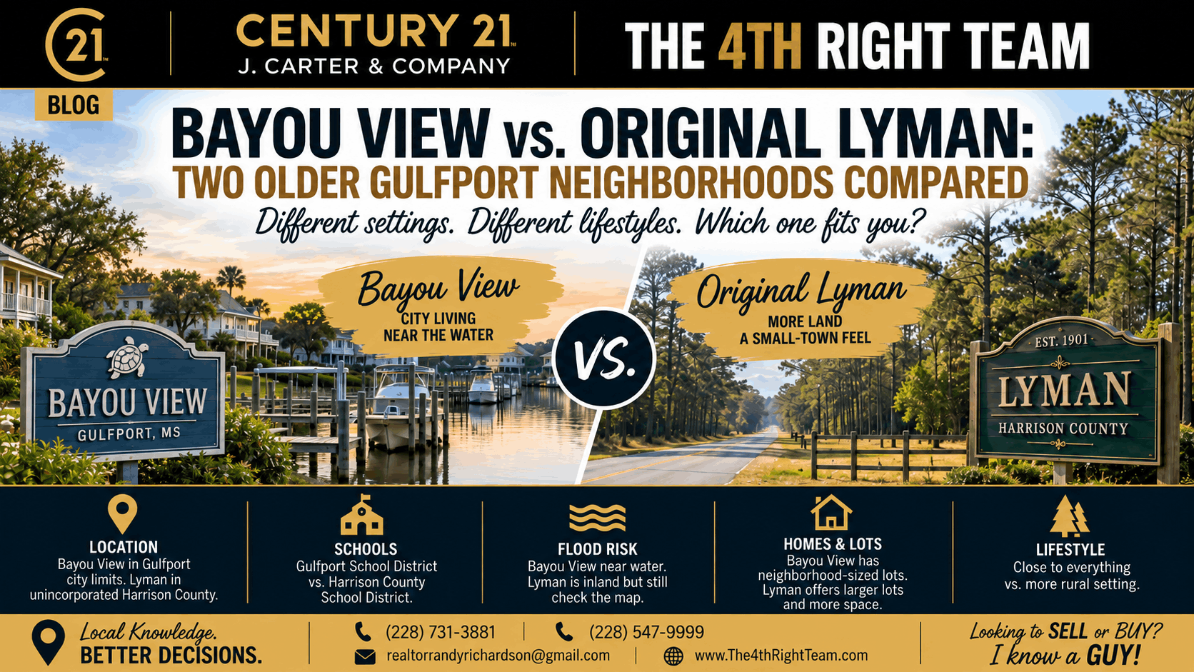 Bayou View vs. Original Lyman in Gulfport, Mississippi, comparing two established neighborhoods and their different settings, lifestyles, homes, and location advantages.