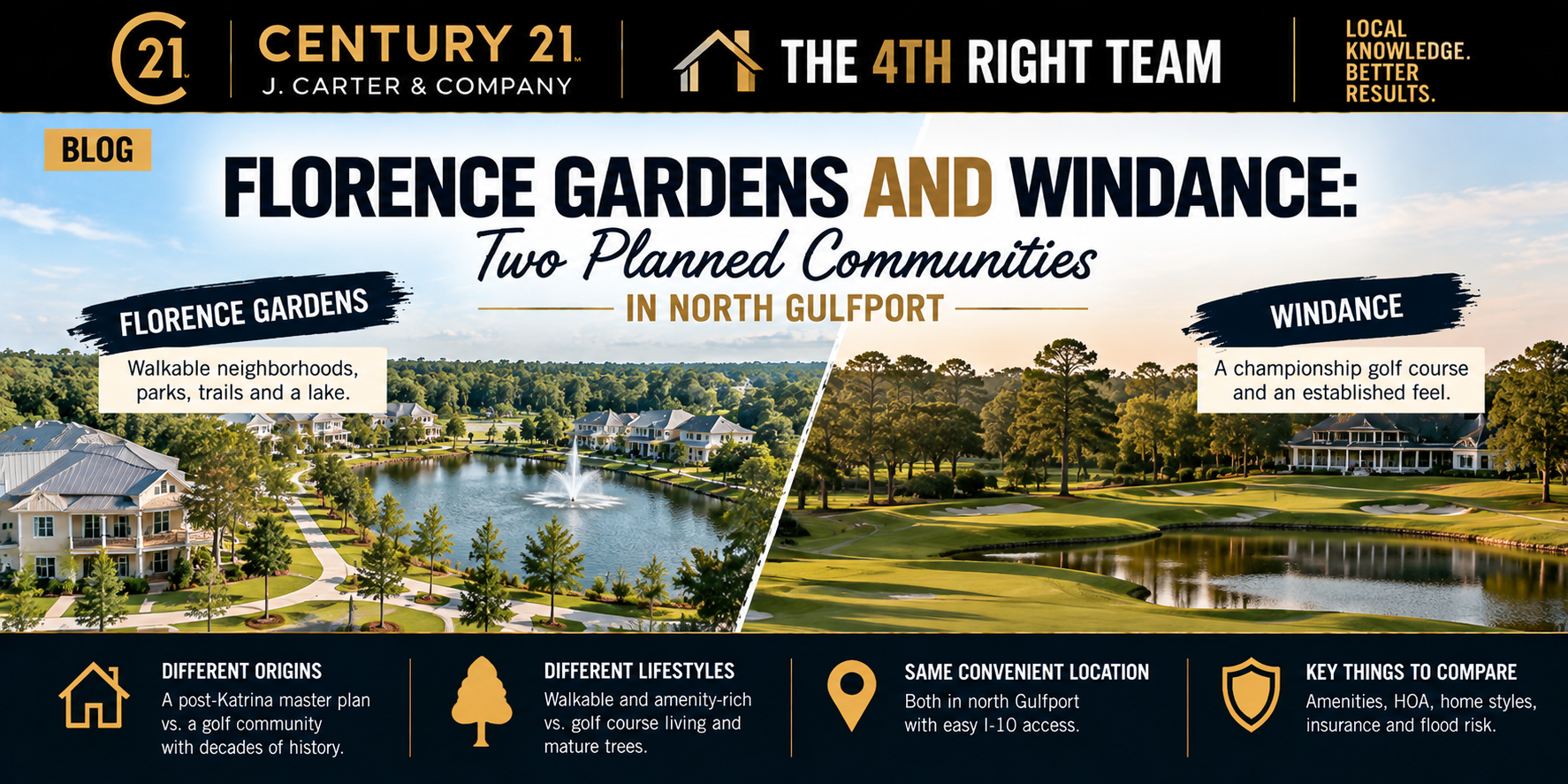 Florence Gardens vs. Windance in North Gulfport, Mississippi, comparing two planned communities, including neighborhood amenities, parks, trails, lakes, golf, and overall lifestyle.