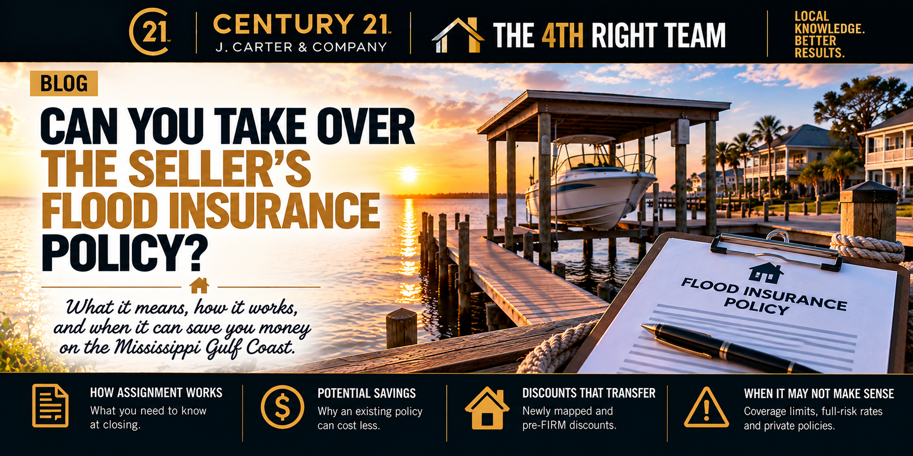 Mississippi Gulf Coast waterfront home with a dock and flood insurance policy graphic explaining how buyers may be able to take over a seller’s NFIP flood insurance policy and preserve lower rates.