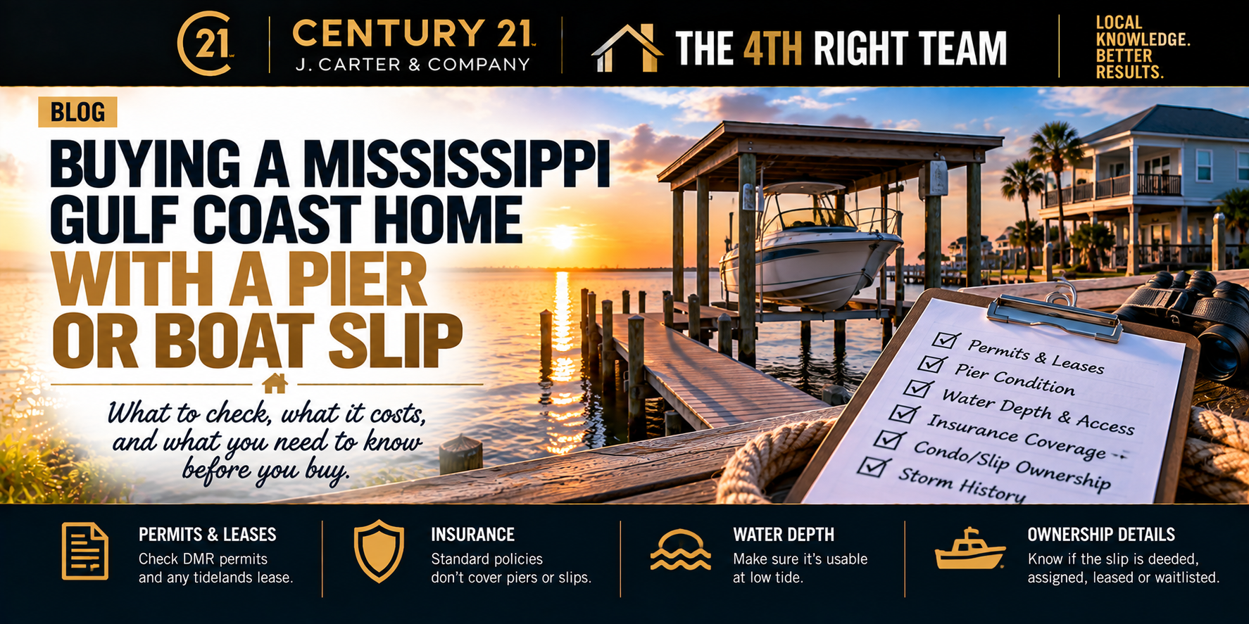 Buying a Mississippi Gulf Coast home with a pier or boat slip, including waterfront access, dock features, insurance, maintenance, and other considerations for coastal buyers.