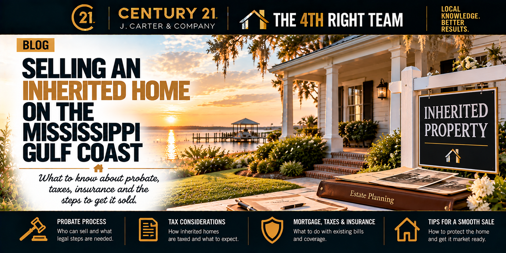 Mississippi Gulf Coast waterfront home with an inherited property sign, highlighting probate, tax considerations, insurance, mortgage obligations, and the steps involved in selling an inherited home.