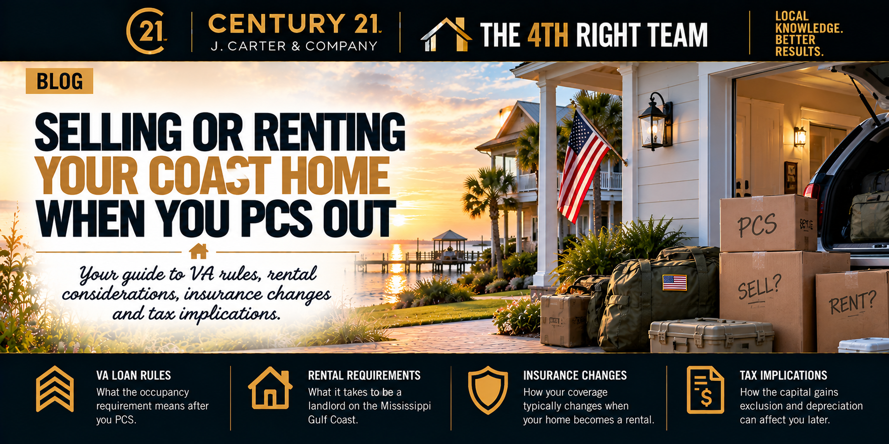 Mississippi Gulf Coast military home with PCS moving boxes and gear, highlighting the decision to sell or rent after a military move, plus VA loan rules, rental requirements, insurance changes, and tax implications.