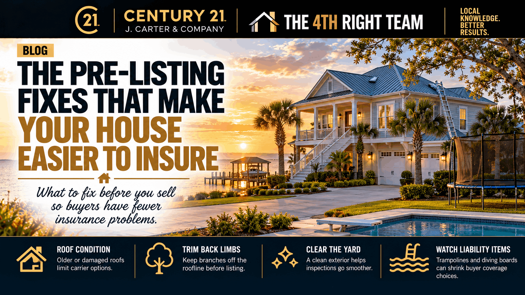 Mississippi Gulf Coast home with roof maintenance, trimmed tree limbs, a clear yard, pool, trampoline, and other pre-listing items that can affect a buyer’s homeowners insurance options.