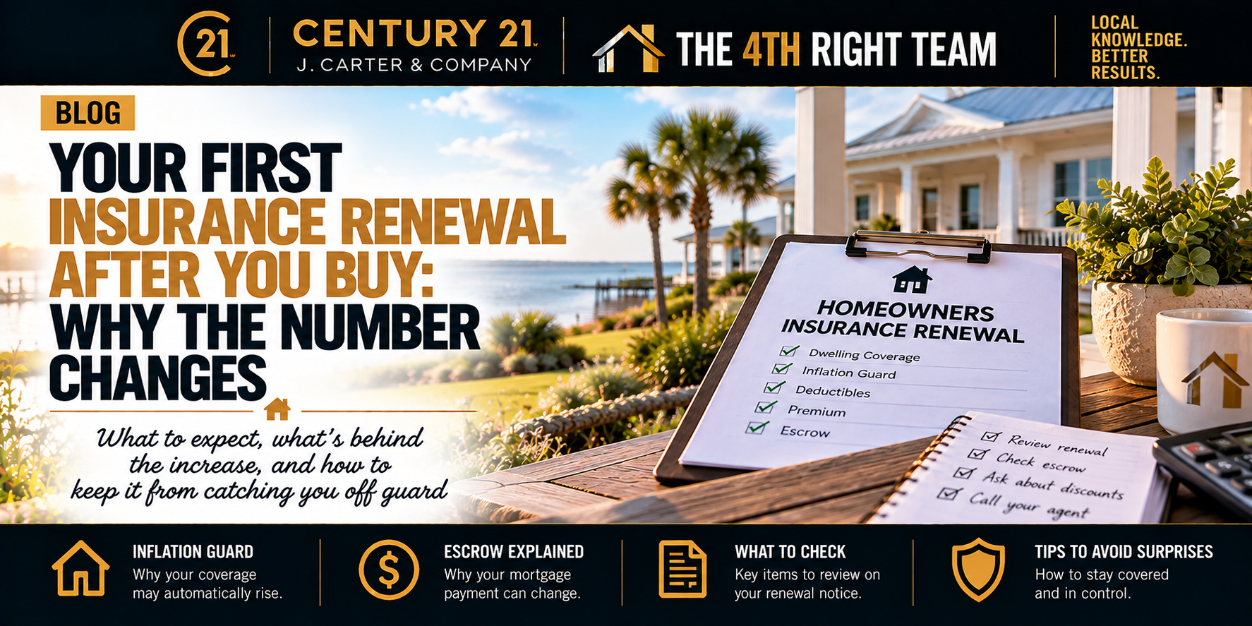 Mississippi Gulf Coast home insurance renewal graphic showing a waterfront home, renewal checklist, inflation guard, deductibles, premium changes, and escrow review items for homeowners after their first year.