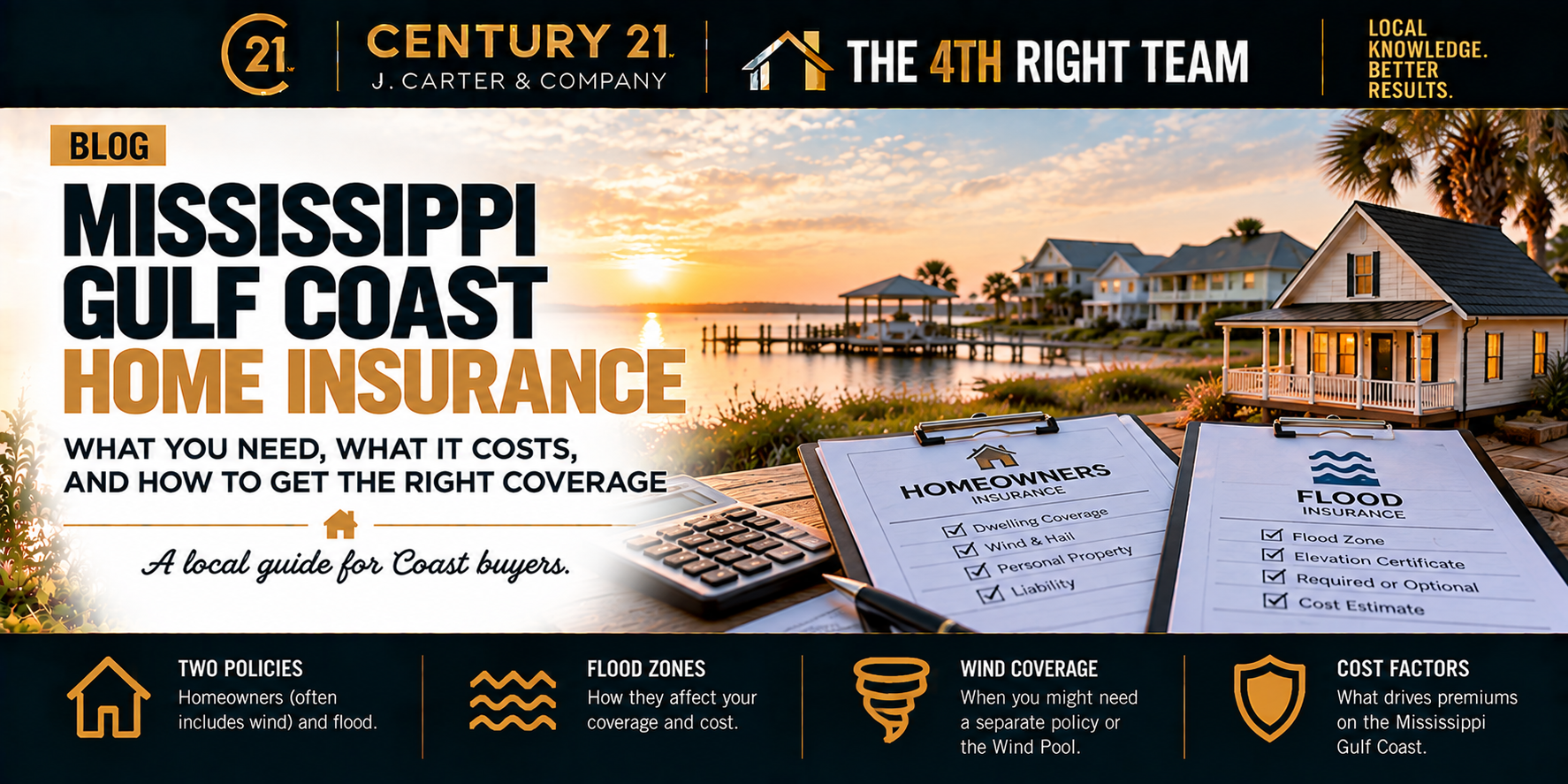 Mississippi Gulf Coast home insurance guide featuring a waterfront home, homeowners and flood insurance documents, and information about flood zones, wind coverage, elevation certificates, and factors that affect insurance costs.