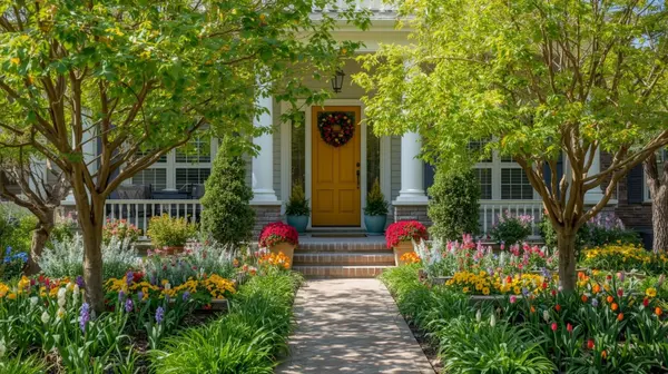 bright spring image of the exterior of a springville utah home with green trees and flowers (2)