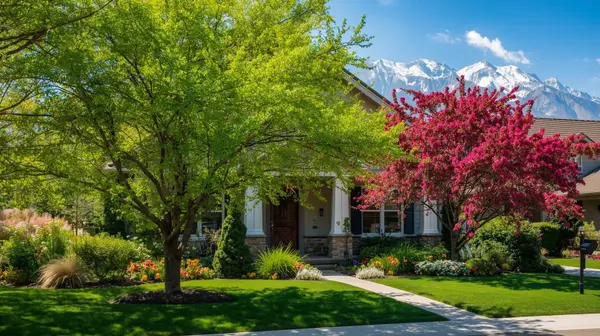bright spring image of the exterior of a springville utah home with green trees and flowers WITH snowy mountain peaks in the background (2)