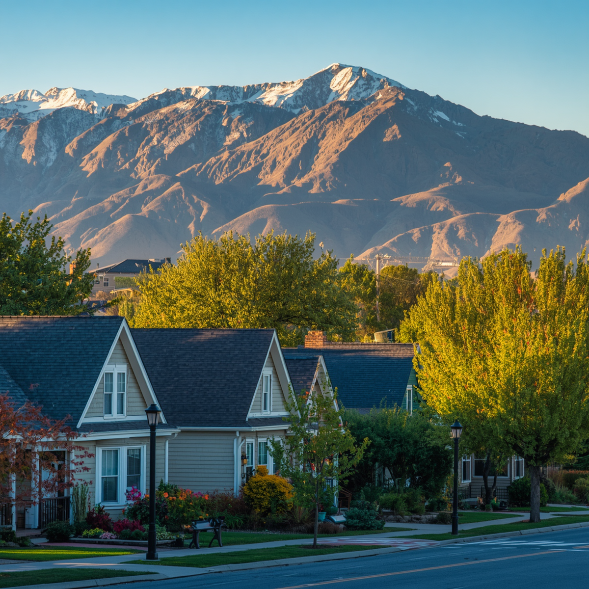 Sandy, Utah with residential neighborhoods and houses in the foreground and mountains in the background