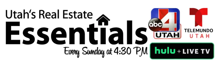 Logo Featuring The Real Estate Essentials modern in full color featuring ABC4 every Sunday at 4:30 pm, Telmundo, Hulu LIVE and 