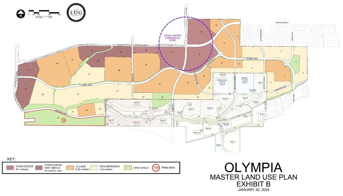 Olympia master land use plan showing the town center, neighborhoods, school sites and open space in Herriman, Utah