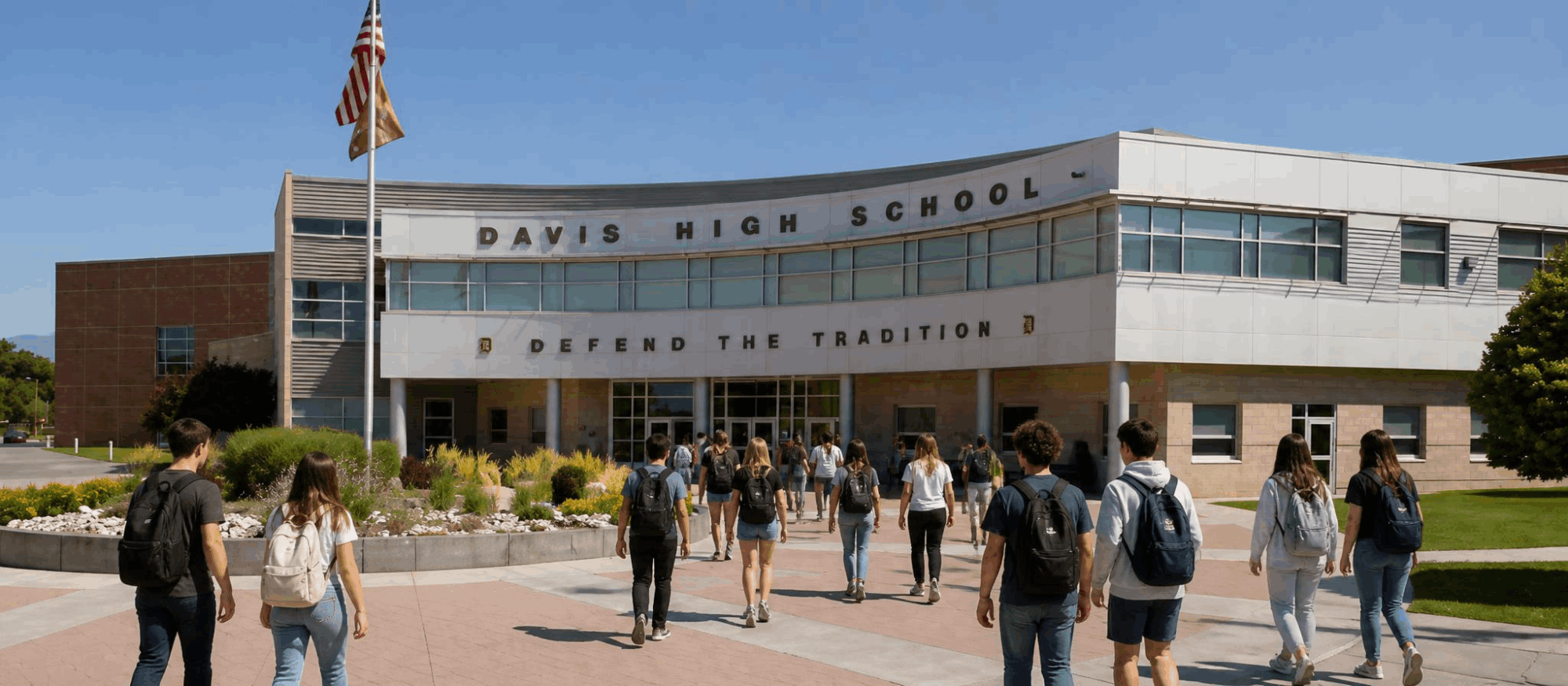 Davis High School on Main Street in Kaysville, Utah, with students walking toward the main entrance beneath the Defend the Tradition sign