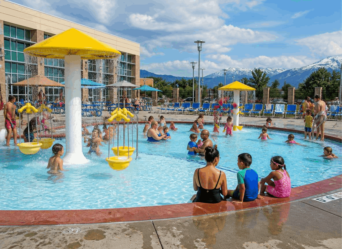 Families swimming at the Clearfield Aquatic and Fitness Center outdoor pool in Clearfield, Utah, with the Wasatch mountains behind