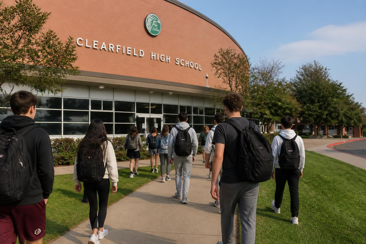 Students walking into Clearfield High School in Clearfield, Utah, home of the Falcons