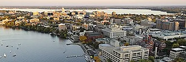 Aerial view of Madison, Wisconsin with Lake Mendota, the UW-Madison campus and the State Capitol