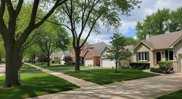 Tree-lined suburban street with single-family homes in New Berlin, WI