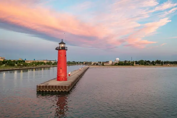 Kenosha Pierhead Lighthouse at sunset on Lake Michigan, Kenosha WI