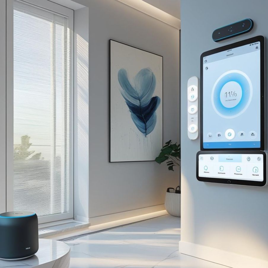 Smart home interior with a modern living space, large windows, contemporary artwork, and a wall-mounted digital control panel.