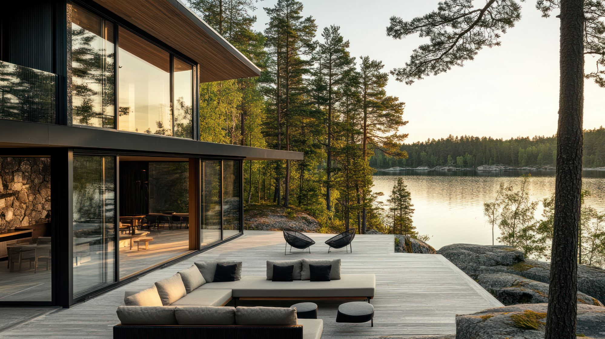 Modern glass luxury home with outdoor lounge and lakefront view surrounded by trees