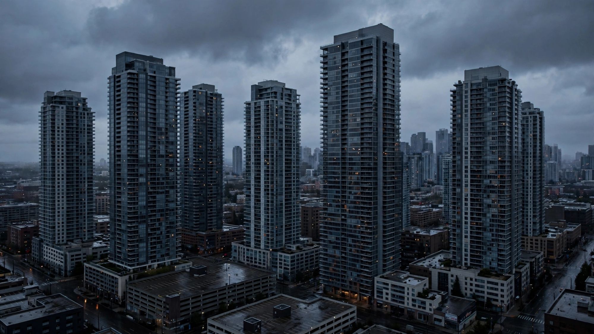 Downtown condominium towers at dusk with mostly dark windows — condo prices down 15% to 34% from peak in 34 large U.S. markets
