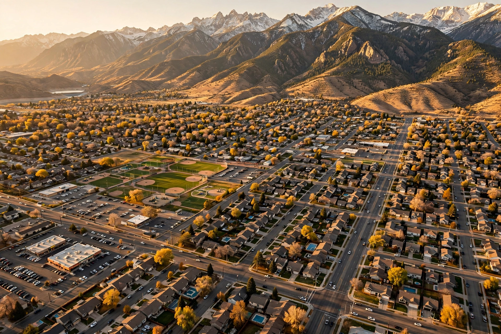 Aerial view of Salt Lake County neighborhoods with the Wasatch mountains in the background