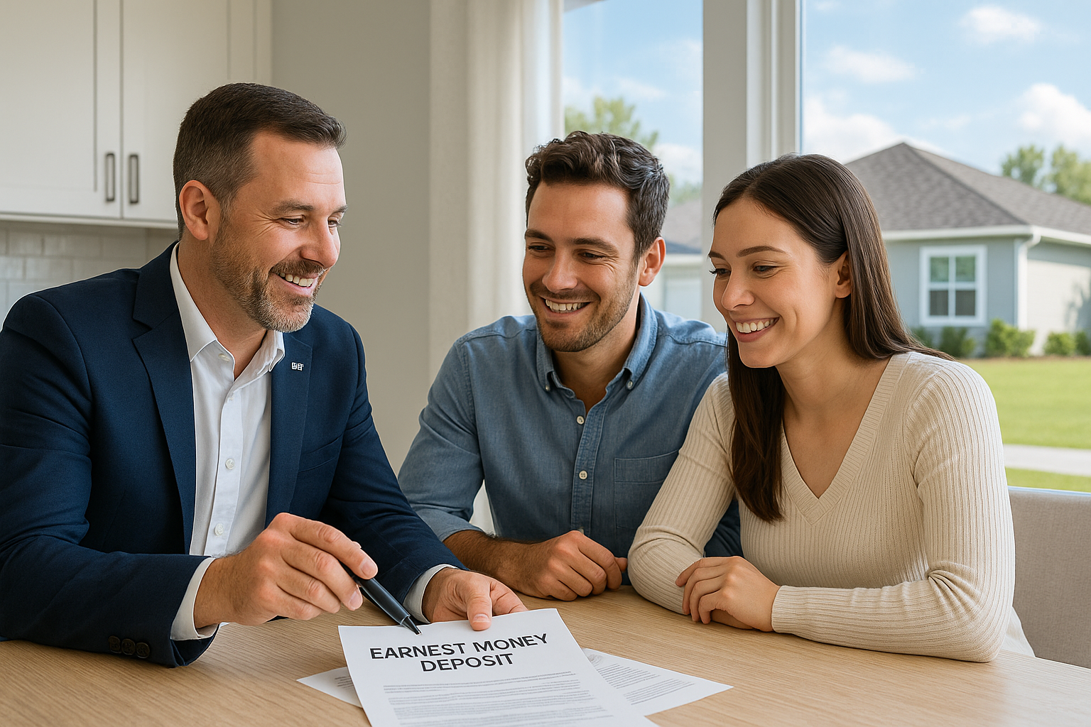 Real estate agent in Davenport, Florida explaining an earnest money deposit to first-time homebuyers at a kitchen table, symbolizing trust and commitment during the home-buying process.