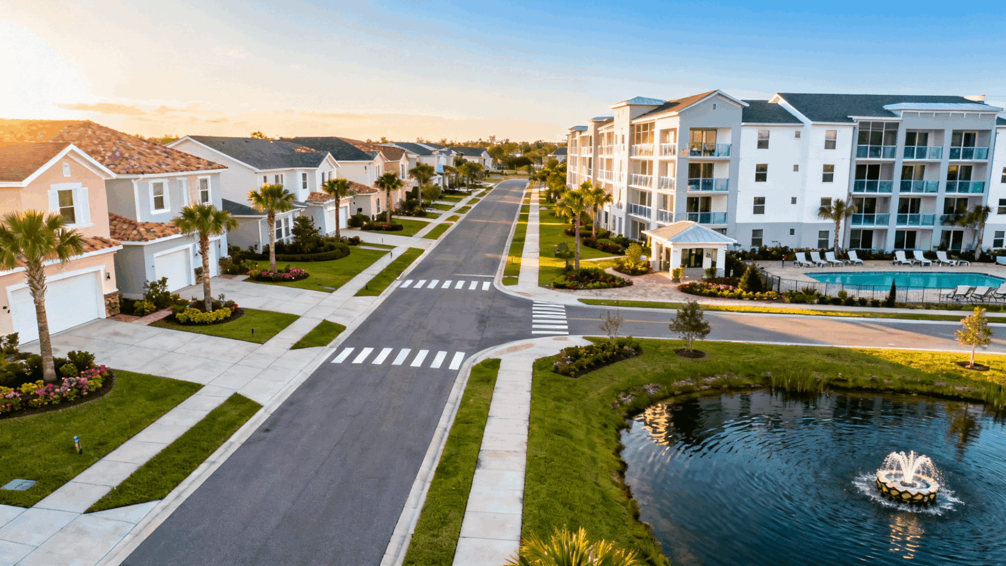 Aerial view of Davenport, FL, featuring single-family homes on one side and modern condos on the other, with palm-lined streets under blue skies