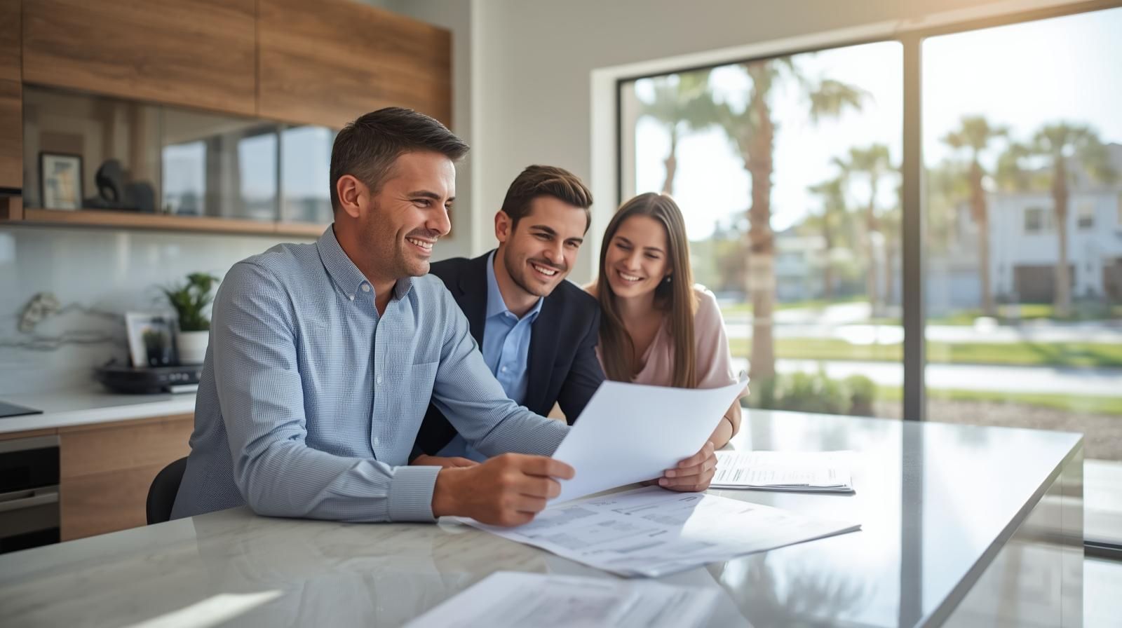 Real estate agent in Davenport, FL explaining property taxes to homebuyers at a kitchen table filled with sunlight.