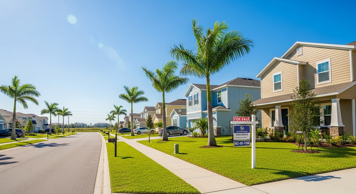 Homes for sale in Davenport Florida neighborhood showing modern houses and palm trees