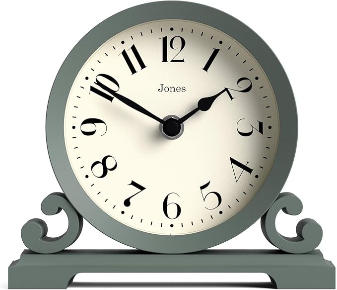 JONES CLOCKS® Saloon Mantel Clock  Small Traditional Double Scroll Design  Green Contemporary Classic Style for Desk, Table, Shelf or Bedside