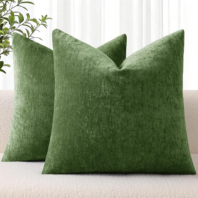 decorUhome Chenille Moss Green Spring Throw Pillow Covers 18x18 Inch Set of 2, Decorative Soft Couch Pillow Covers Solid Dyed Accent Farmhouse Neutral Square Pillow Cases for So
