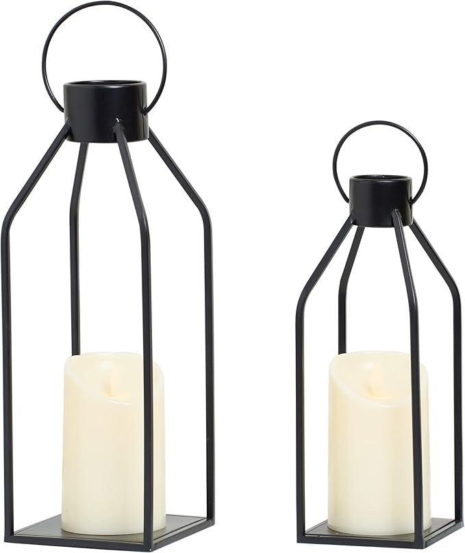 HPC Decor Modern Farmhouse Lanterrn Decor- Black Metal Candle for Summer Night- Lanterns w Timer Flickering Candles for Living Room,Home,Indoor, Outdoor,Table,Fireplace Mantle Déco