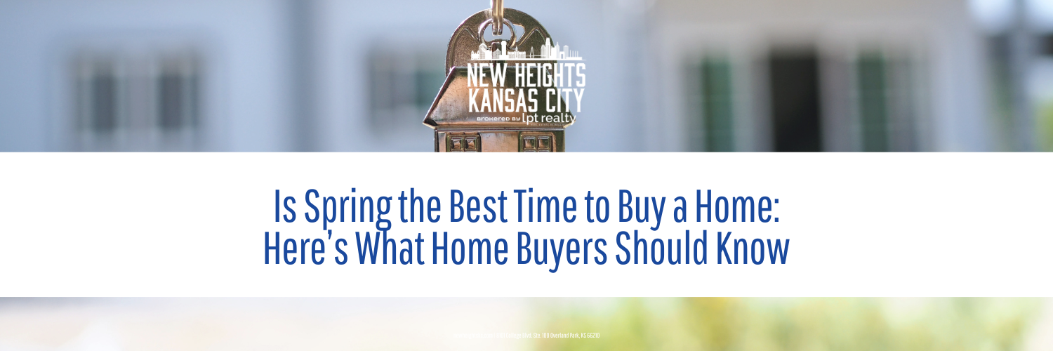 Small, decorative house-shaped keychain, featuring "NEW HEIGHTS KANSAS CITY" logo, overlaid with article headline about buying a home in spring.