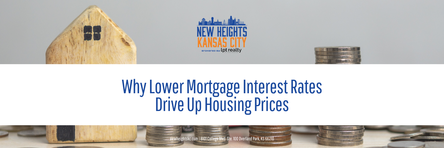 Wooden house model next to stacks of coins, illustrating the relationship between lower mortgage interest rates and rising housing prices.